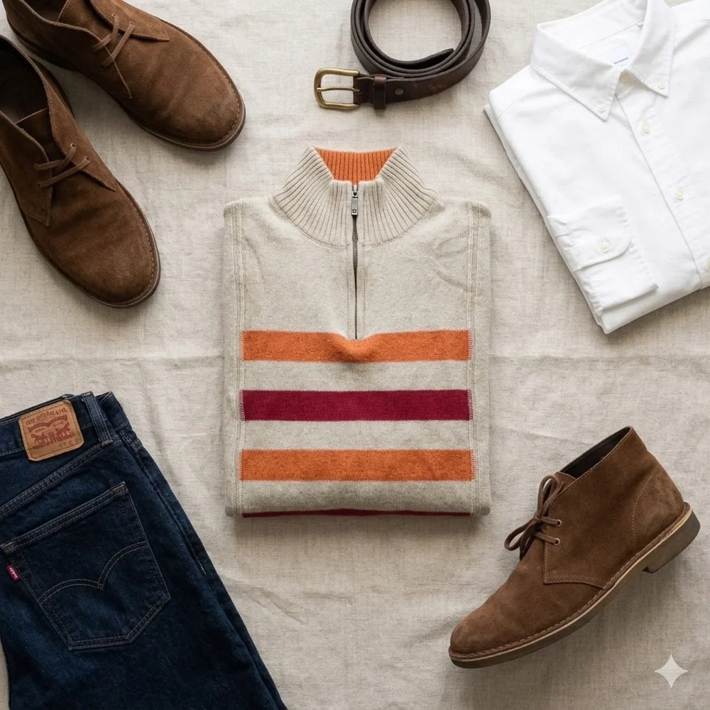513 Clothing Concepts Retro Striped 1/4 Zip Sweater - Wool Blend - Size Large - Picture 2 of 11